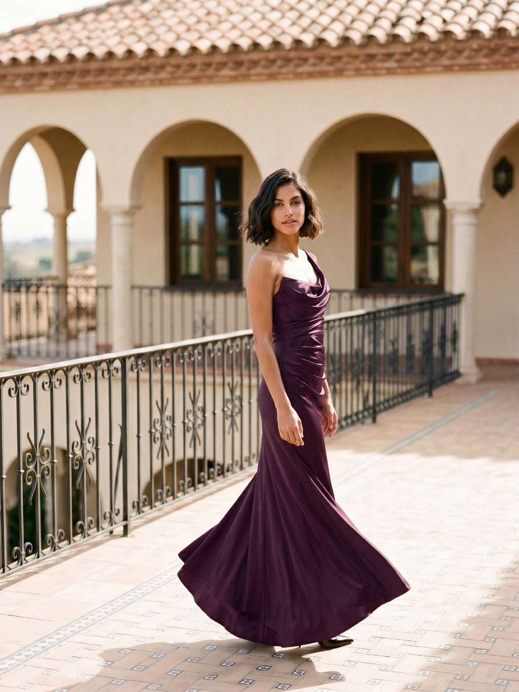 Plum Satin Sheath One Shoulder Corset Back Floor-Length Formal Dress with Pleating