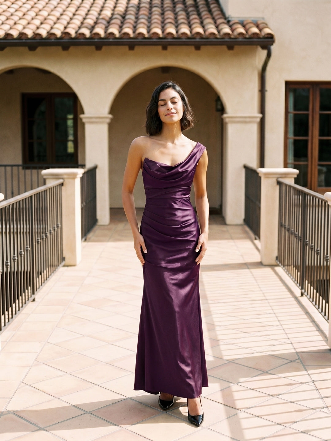 Plum Satin Sheath One Shoulder Corset Back Floor-Length Formal Dress with Pleating