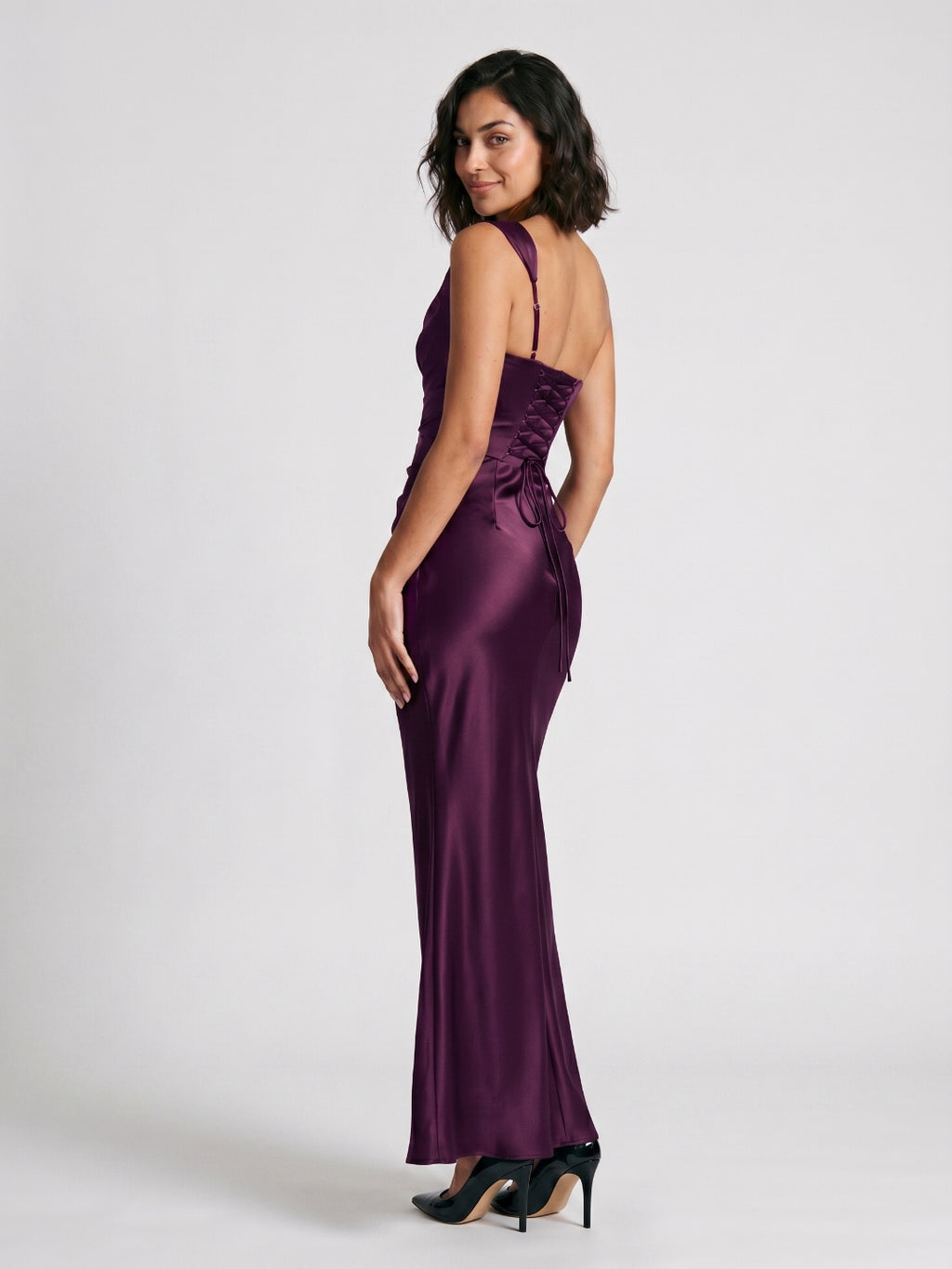 Plum Satin Sheath One Shoulder Corset Back Floor-Length Formal Dress with Pleating