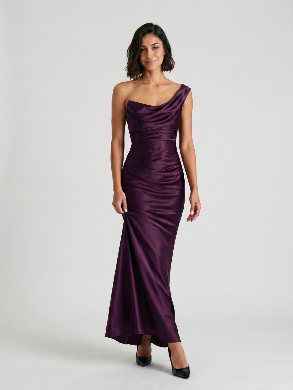 Plum Satin Sheath One Shoulder Corset Back Floor-Length Formal Dress with Pleating