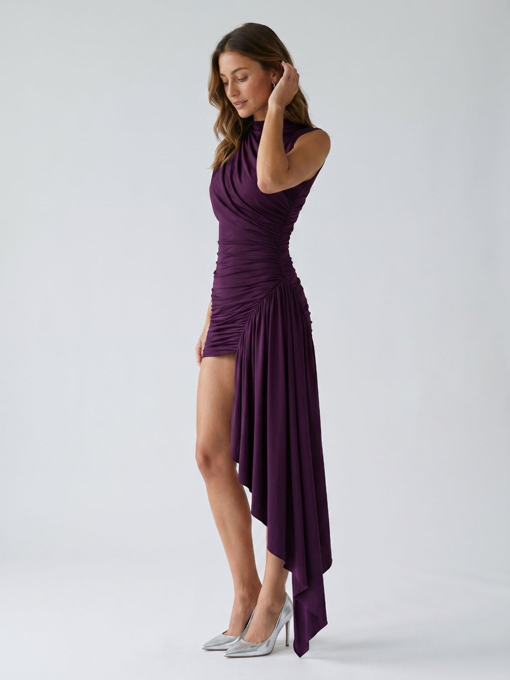 Plum Stretch Knit Sheath Cowl Neck Keyhole Back Short Dress with Pleating