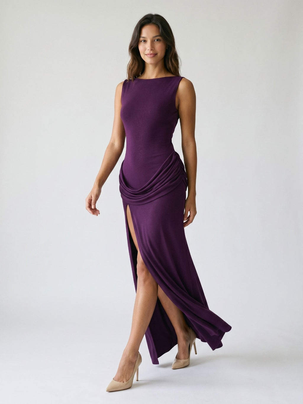 Plum Stretch Knit Sheath Straight Neck Backless Floor-Length Formal Dress with Pleating