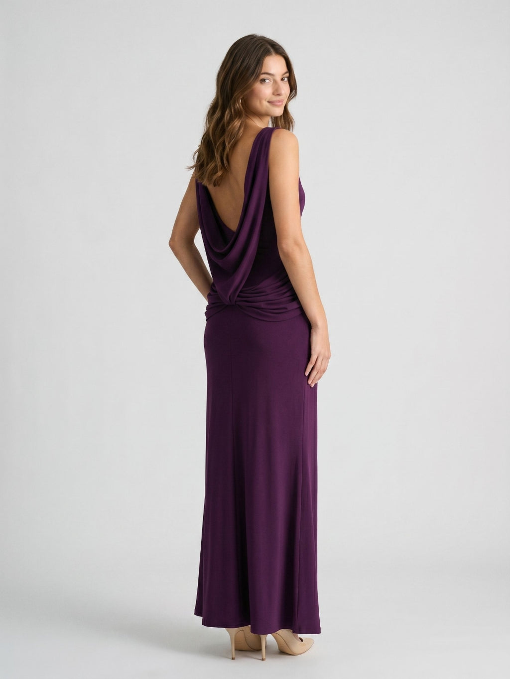 Plum Stretch Knit Sheath Straight Neck Backless Floor-Length Formal Dress with Pleating