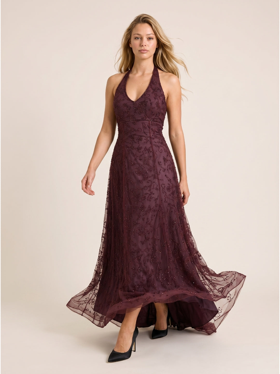 Plum Tulle A-Line V-Neck Backless Floor-Length Evening Gown with Sequins