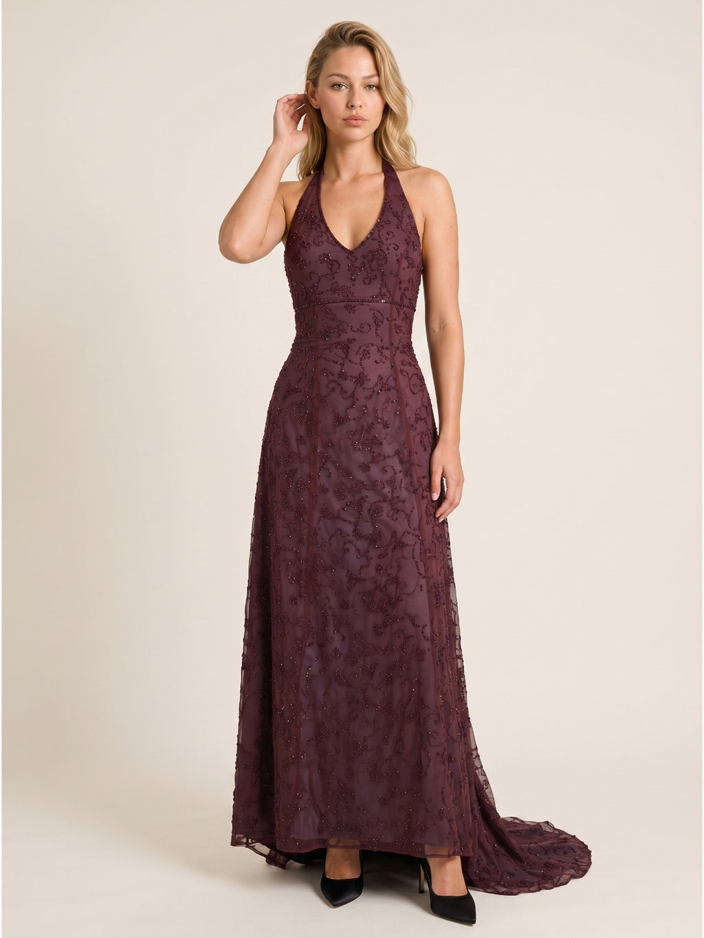 Plum Tulle A-Line V-Neck Backless Floor-Length Evening Gown with Sequins