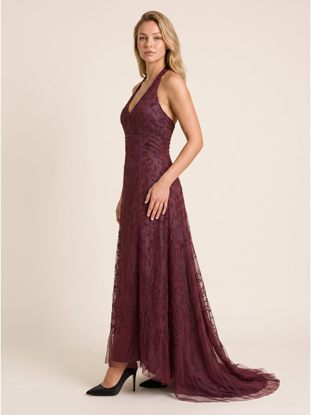 Plum Tulle A-Line V-Neck Backless Floor-Length Evening Gown with Sequins