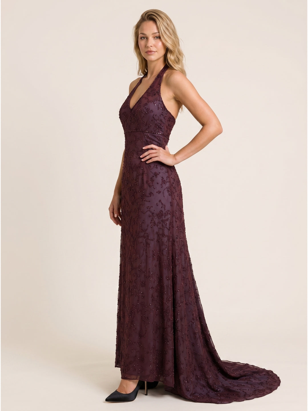 Plum Tulle A-Line V-Neck Backless Floor-Length Evening Gown with Sequins
