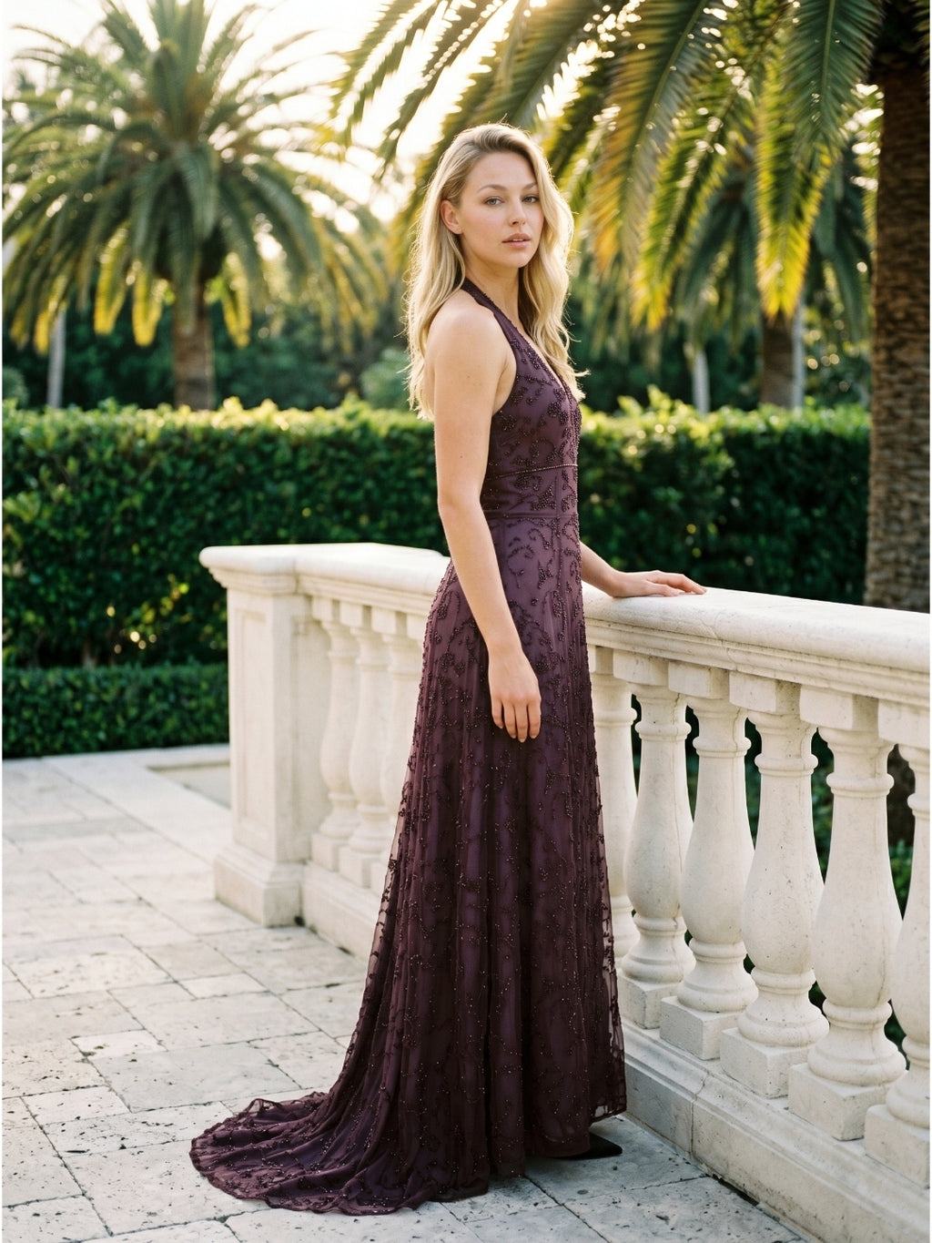 Plum Tulle A-Line V-Neck Backless Floor-Length Evening Gown with Sequins