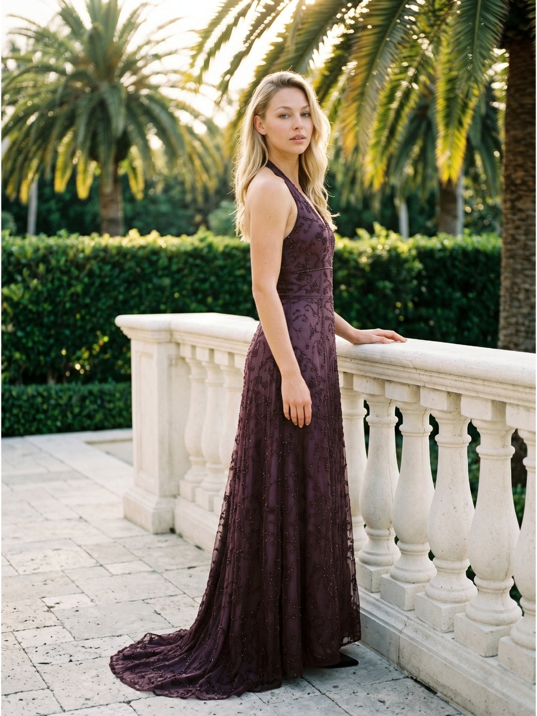 Plum Tulle A-Line V-Neck Backless Floor-Length Evening Gown with Sequins