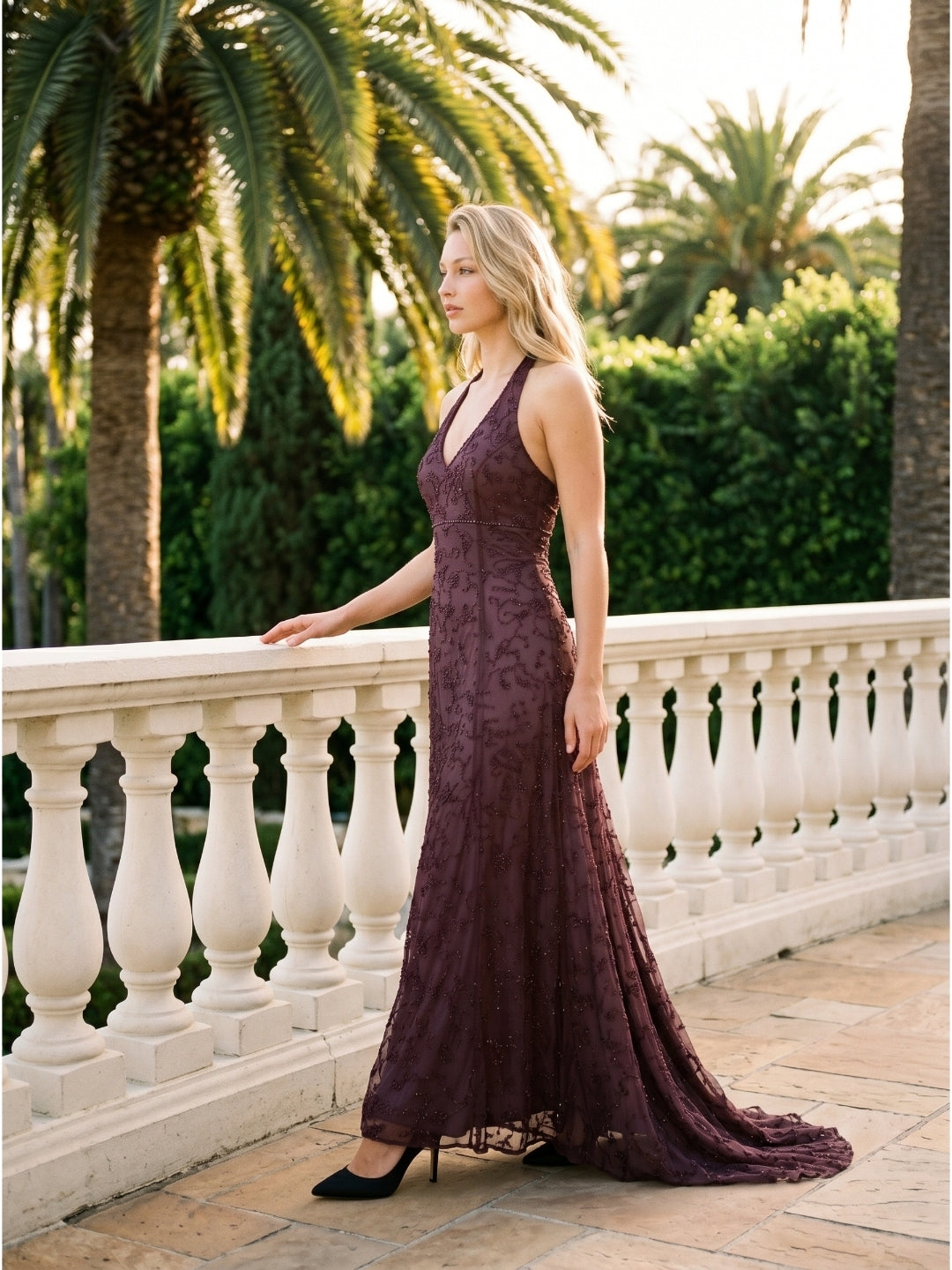 Plum Tulle A-Line V-Neck Backless Floor-Length Evening Gown with Sequins