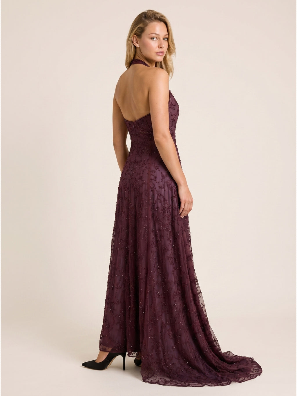 Plum Tulle A-Line V-Neck Backless Floor-Length Evening Gown with Sequins