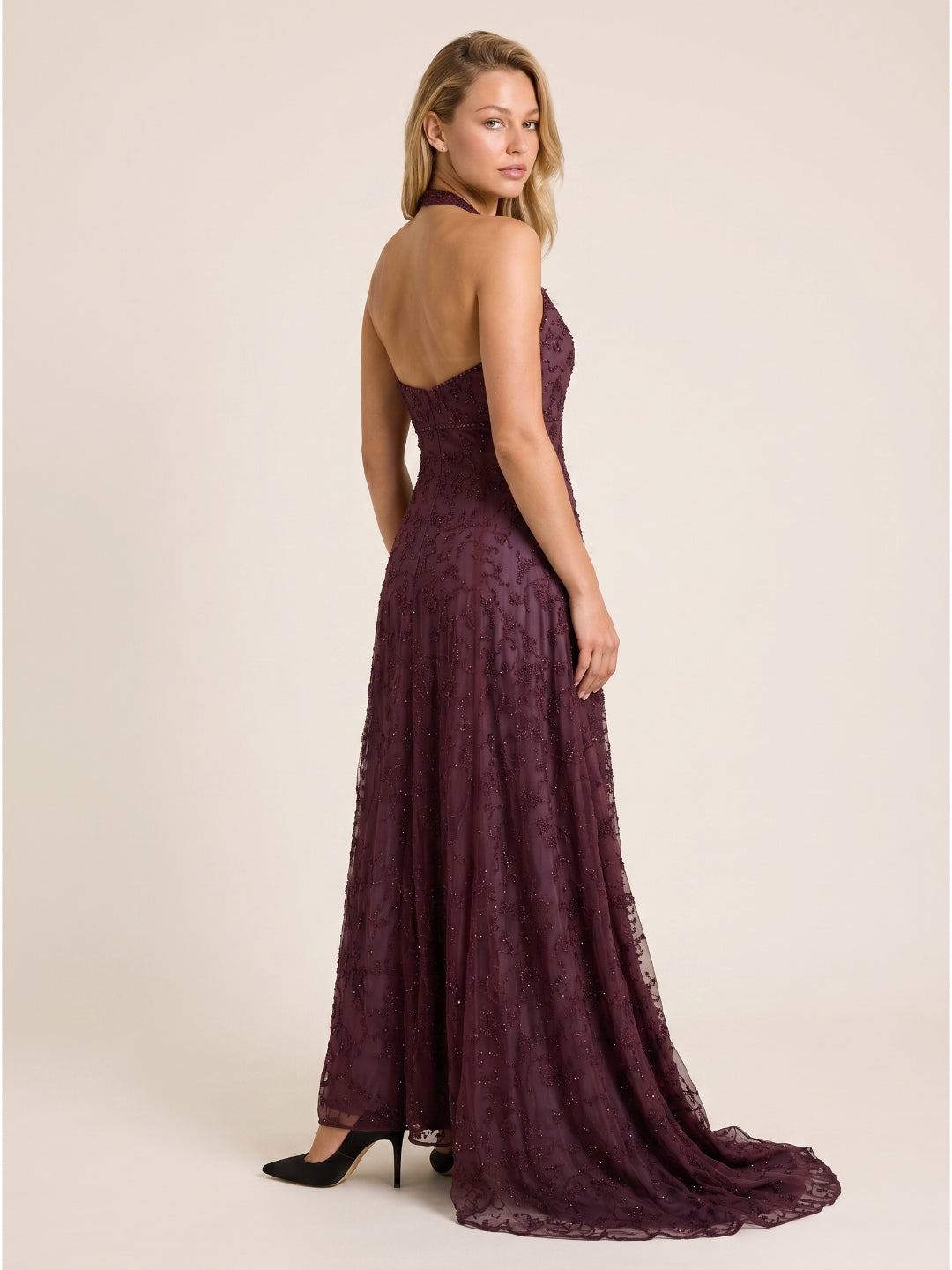Plum Tulle A-Line V-Neck Backless Floor-Length Evening Gown with Sequins