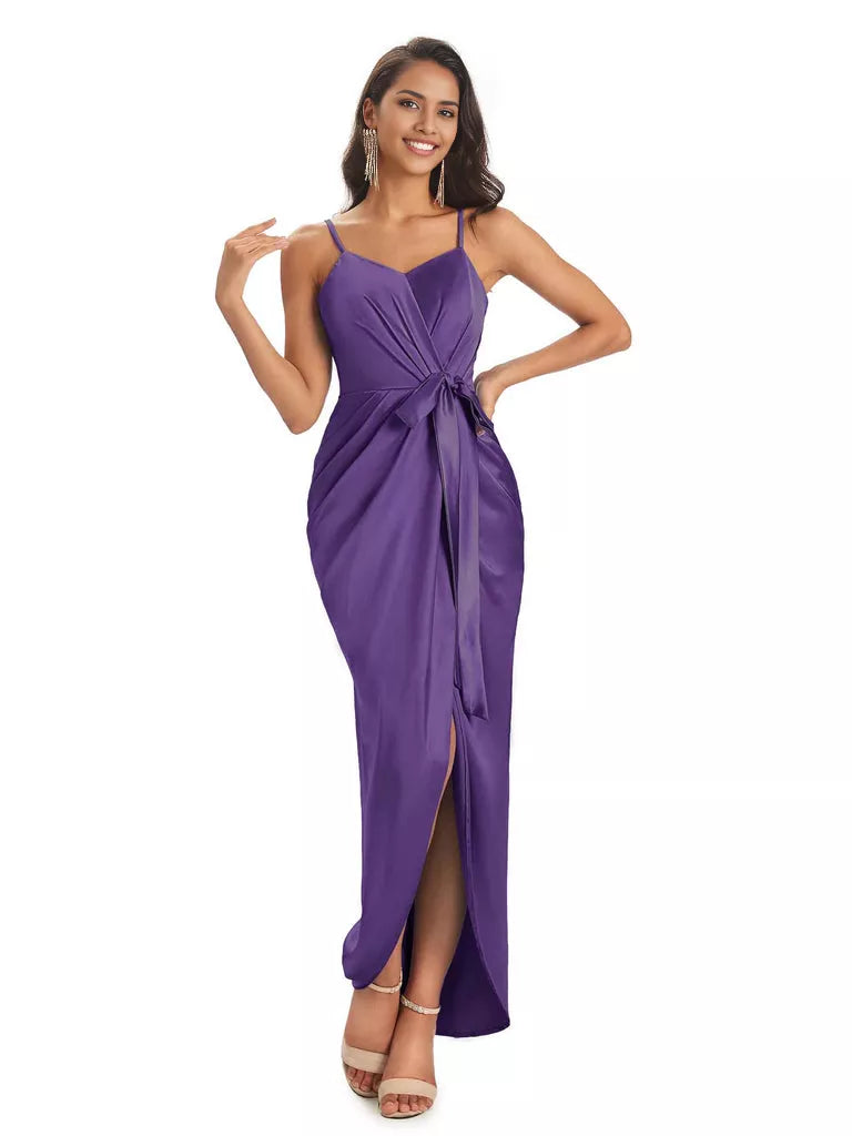 High Low Spaghetti Straps V-neck Mermaid Asymmetrical Soft Satin Bridesmaid Dresses