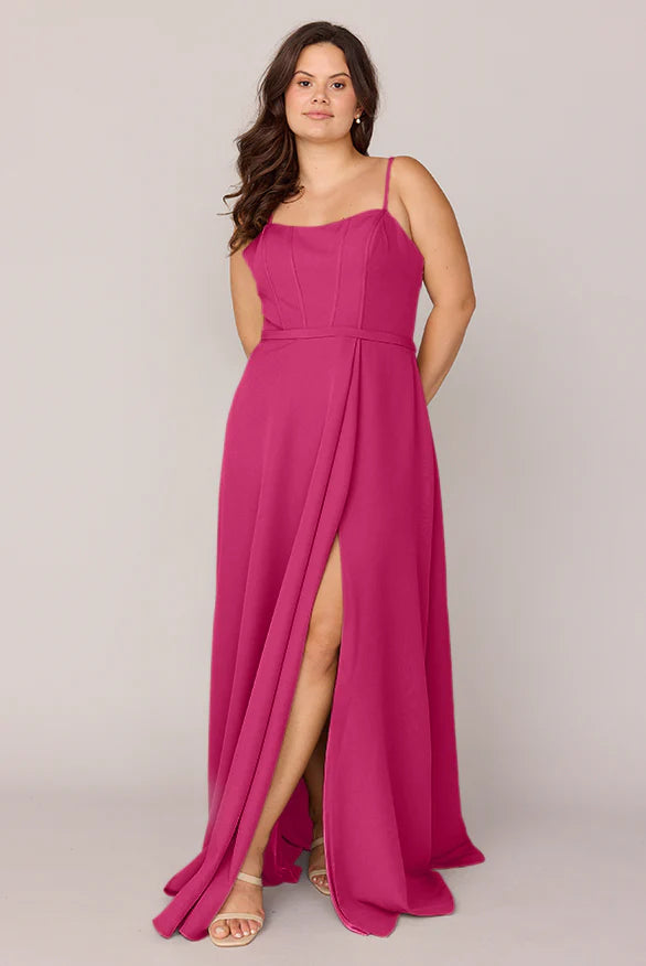 Plus Size Bridesmaid Dresses with Square Neck, Spaghetti Straps, Waist Sash and High Slit Formal Gown