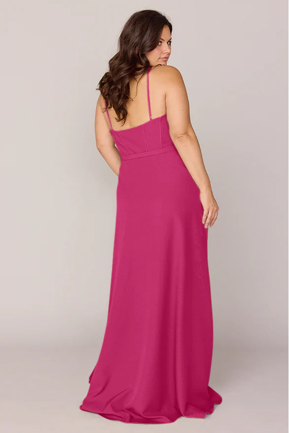Plus Size Bridesmaid Dresses with Square Neck, Spaghetti Straps, Waist Sash and High Slit Formal Gown