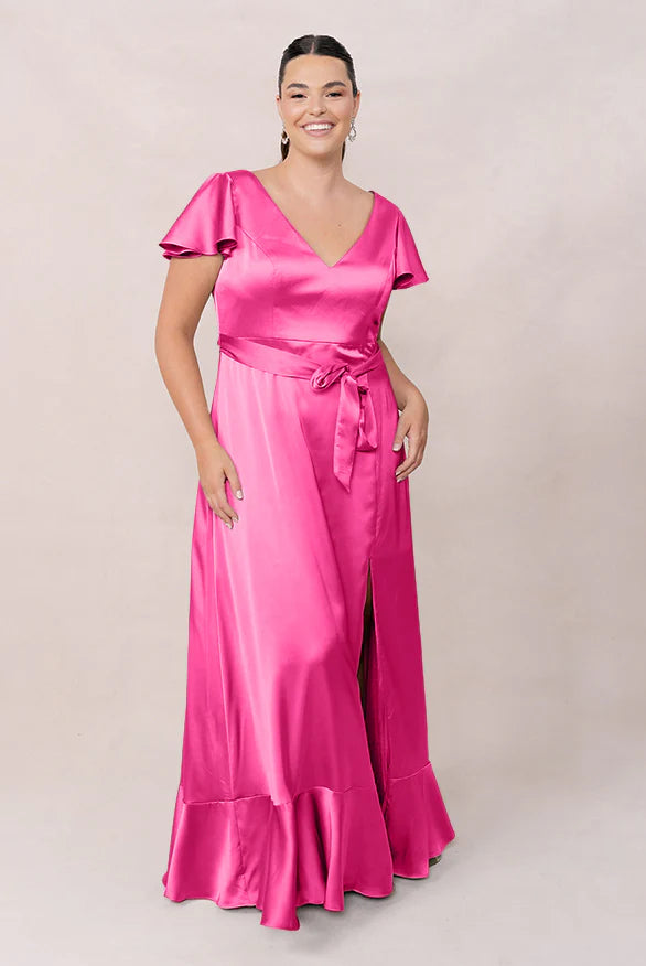 Plus Size Satin Bridesmaid Dresses with V-Neck, Flutter Sleeves, Waist Sash and Ruffled Hem Formal Gown
