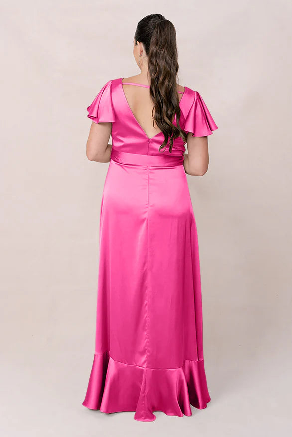 Plus Size Satin Bridesmaid Dresses with V-Neck, Flutter Sleeves, Waist Sash and Ruffled Hem Formal Gown
