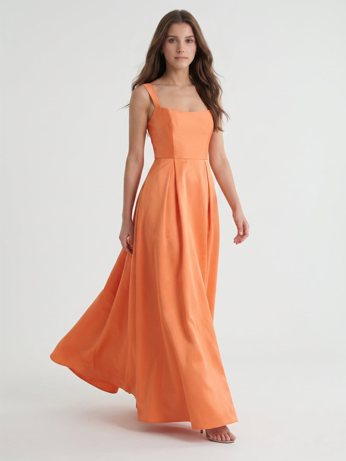 Polished Orange Satin A-Line Square Neck Back Zip Floor-Length Bridesmaid Dress with Pleats