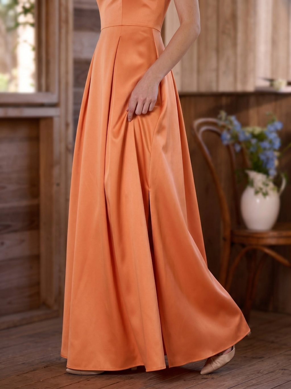 Polished Orange Satin A-Line Square Neck Back Zip Floor-Length Bridesmaid Dress with Pleats