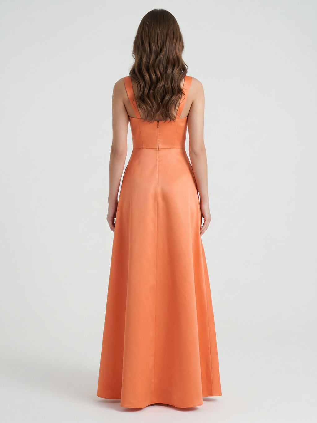Polished Orange Satin A-Line Square Neck Back Zip Floor-Length Bridesmaid Dress with Pleats