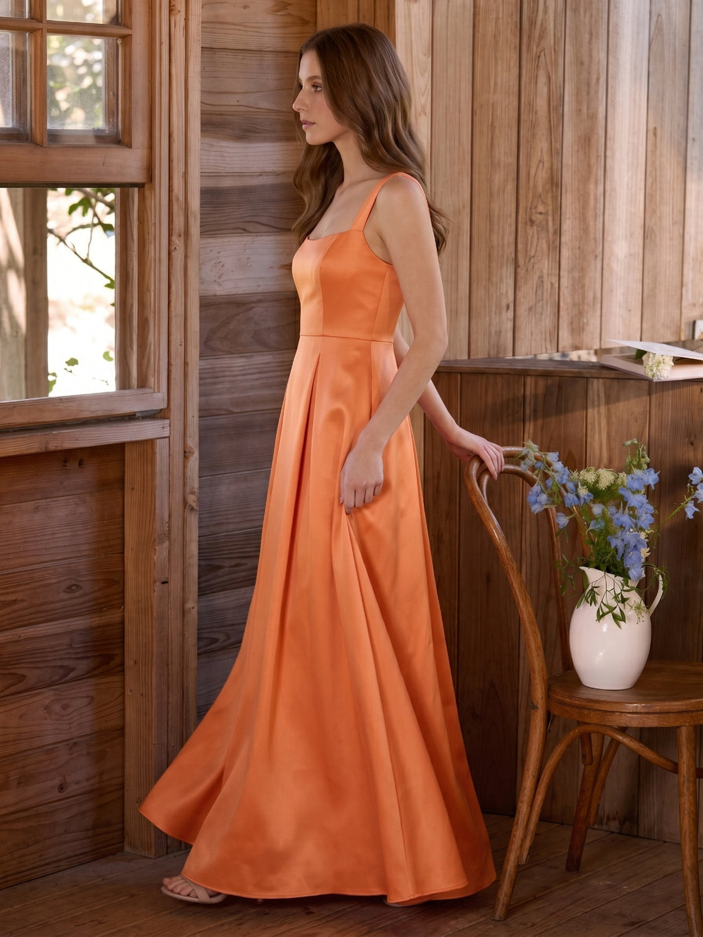 Polished Orange Satin A-Line Square Neck Back Zip Floor-Length Bridesmaid Dress with Pleats
