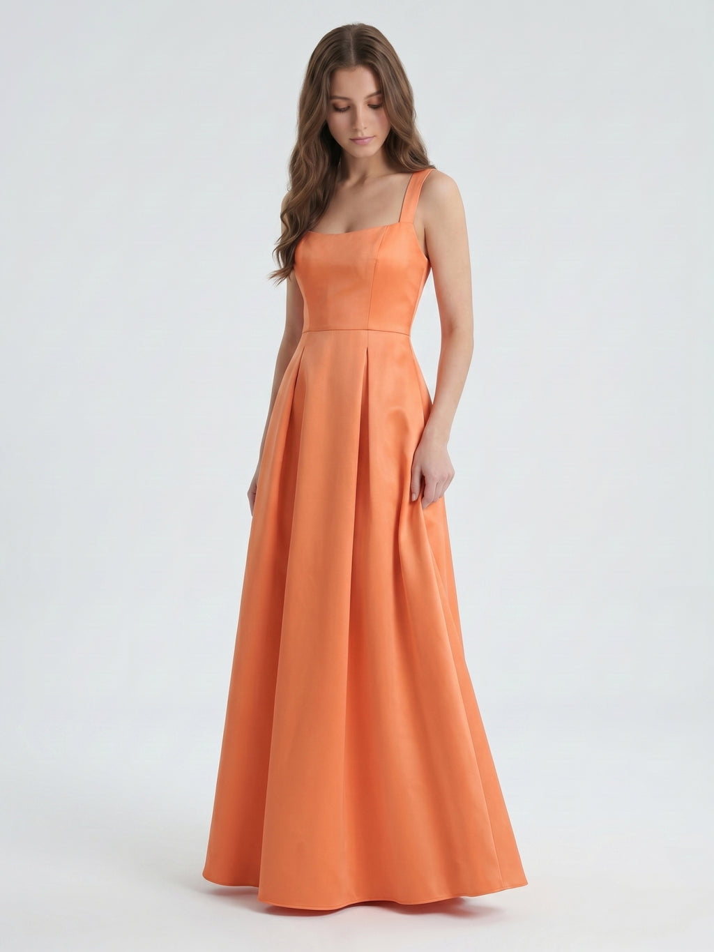 Polished Orange Satin A-Line Square Neck Back Zip Floor-Length Bridesmaid Dress with Pleats