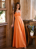 Polished Orange Satin A-Line Square Neck Back Zip Floor-Length Bridesmaid Dress with Pleats