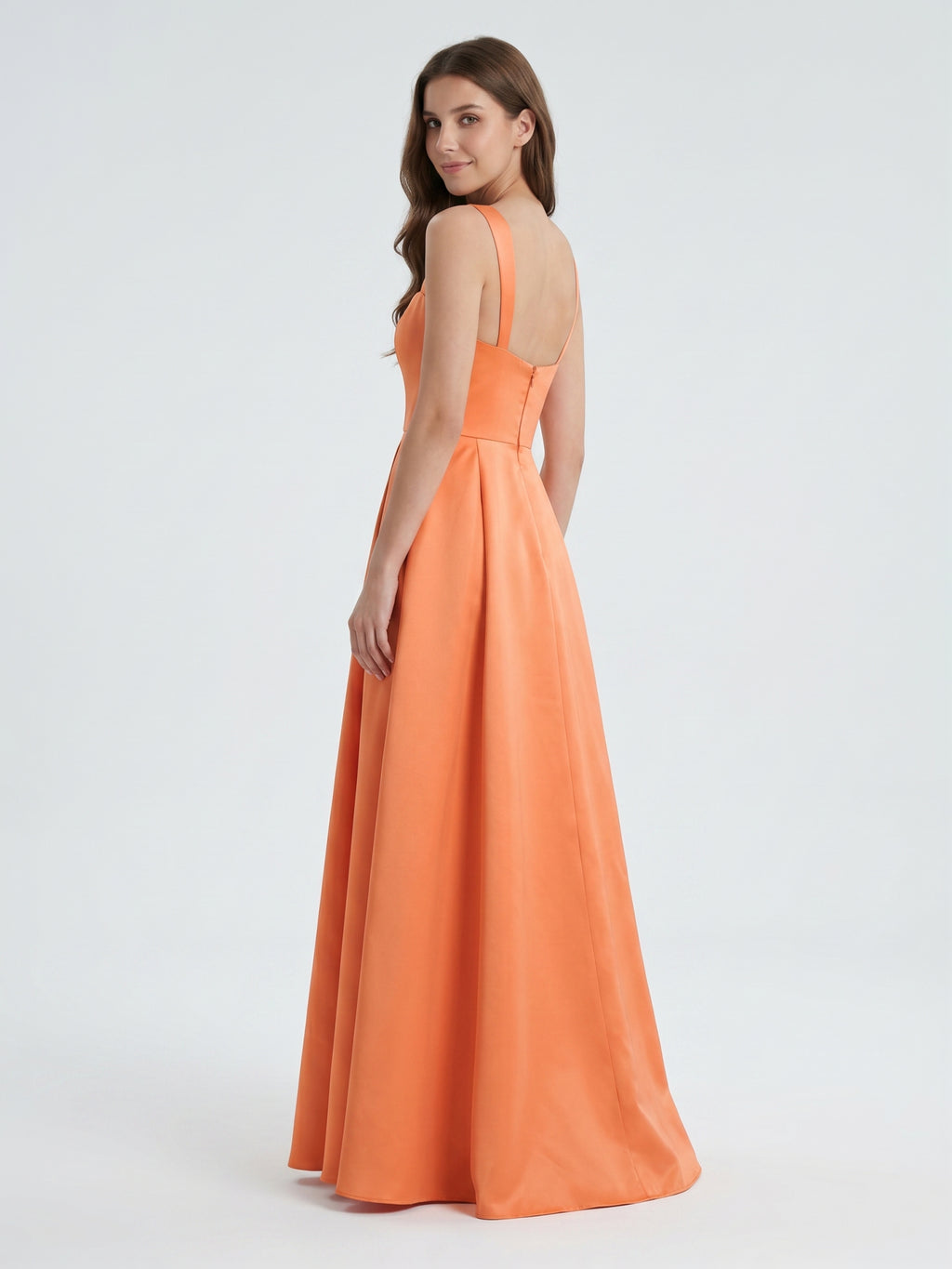 Polished Orange Satin A-Line Square Neck Back Zip Floor-Length Bridesmaid Dress with Pleats