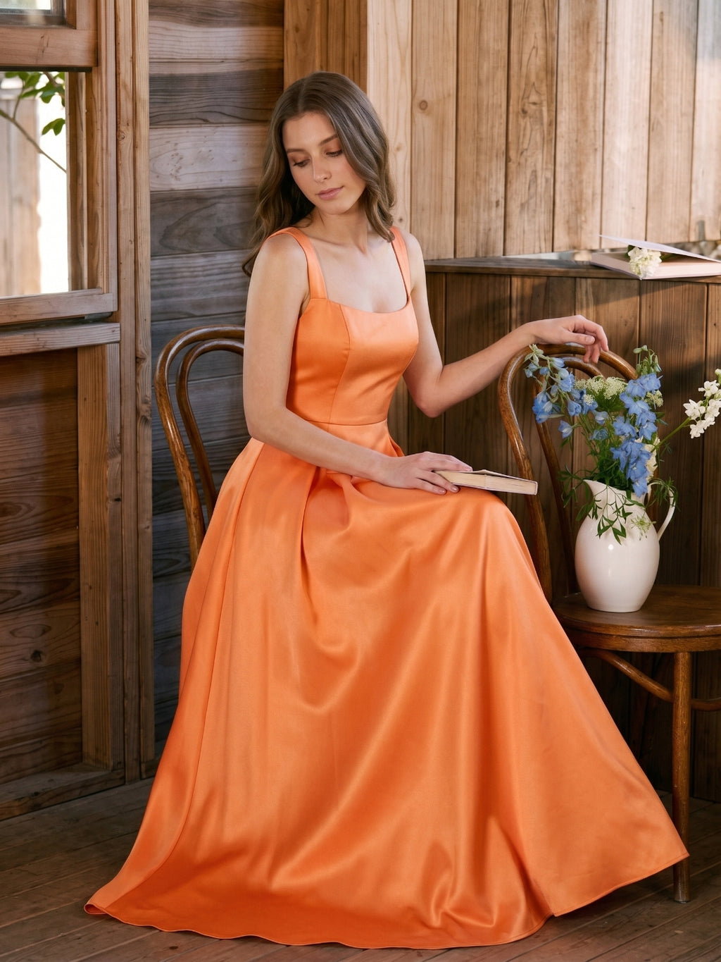 Polished Orange Satin A-Line Square Neck Back Zip Floor-Length Bridesmaid Dress with Pleats