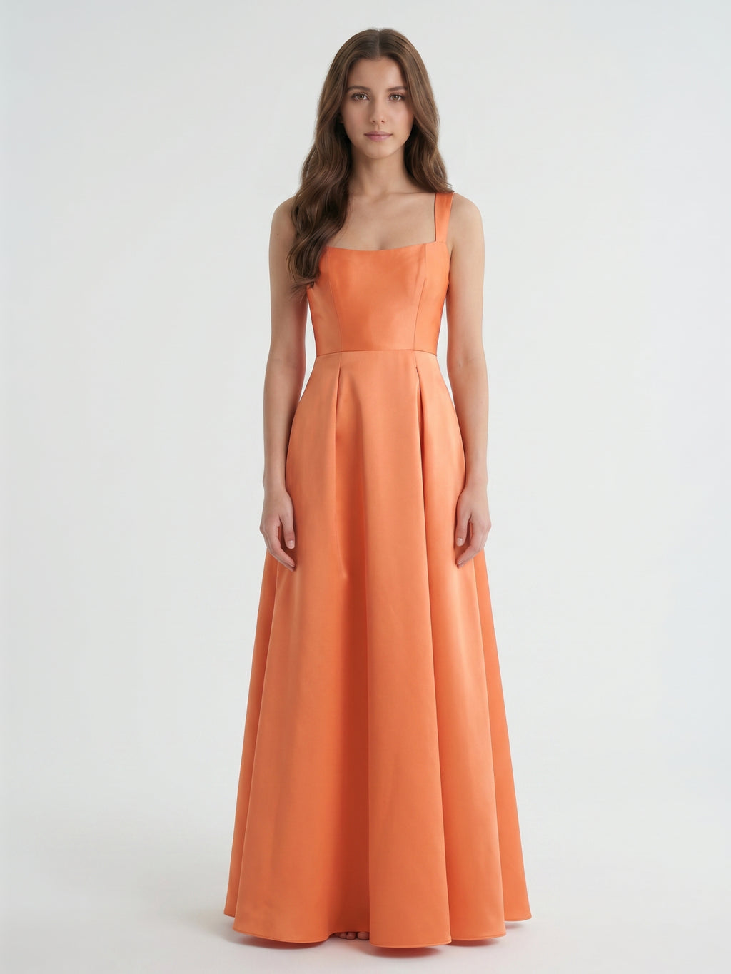 Polished Orange Satin A-Line Square Neck Back Zip Floor-Length Bridesmaid Dress with Pleats