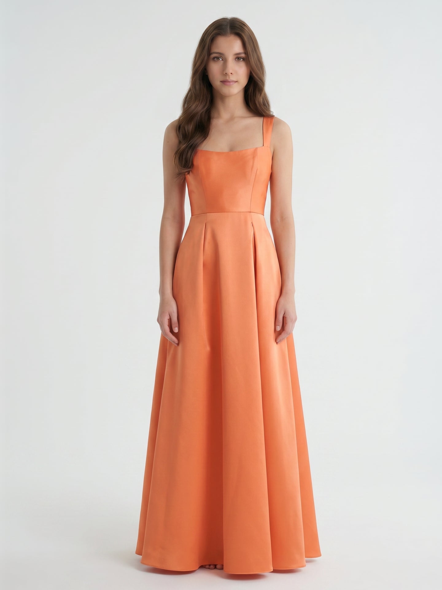 Polished Orange Satin A-Line Square Neck Back Zip Floor-Length Bridesmaid Dress with Pleats