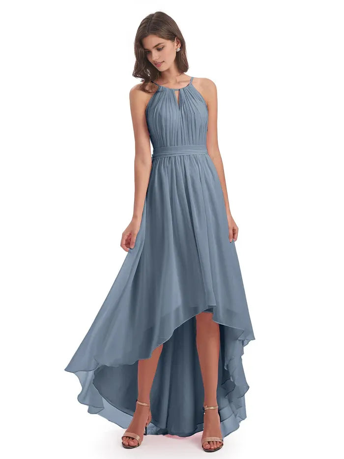 Pretty A-Line Halter Neck Sleeveless Chiffon Pleated Asymmetrical -Length Bridesmaid Dress