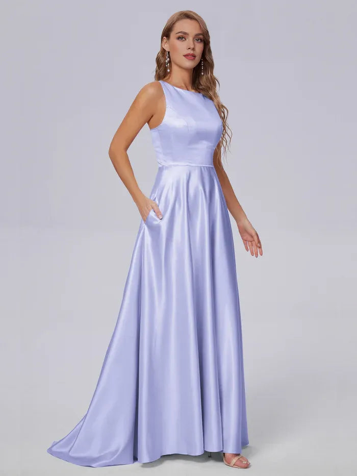 Pretty A-line Scoop Neck Sleeveless Pleated Satin Floor Length Bridesmaid Dress