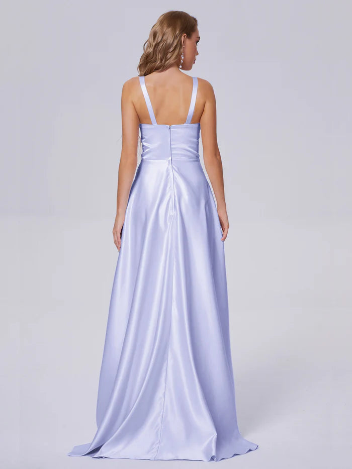 Pretty A-line Scoop Neck Sleeveless Pleated Satin Floor Length Bridesmaid Dress