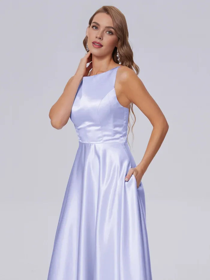 Pretty A-line Scoop Neck Sleeveless Pleated Satin Floor Length Bridesmaid Dress