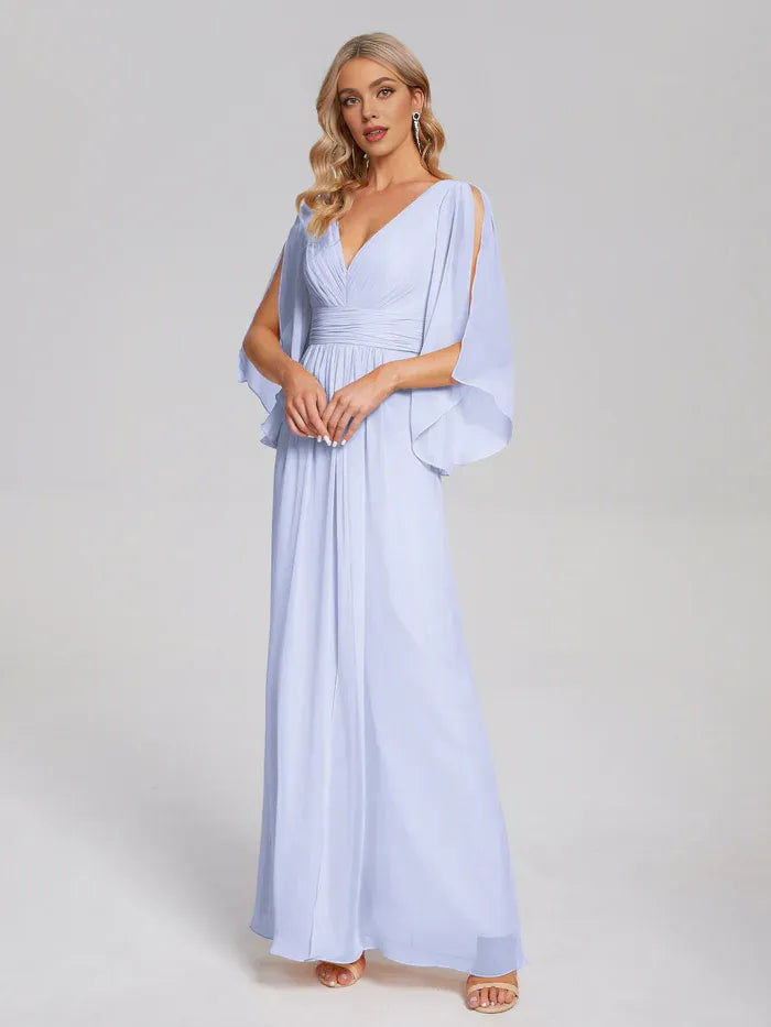 Pretty A-line V-neck Half Sleeves Pleated Chiffon Floor Length Bridesmaid Dress