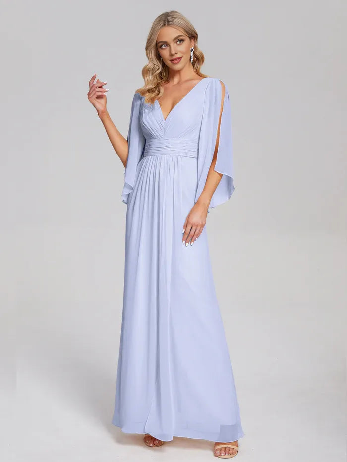 Pretty A-line V-neck Half Sleeves Pleated Chiffon Floor Length Bridesmaid Dress