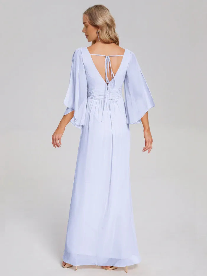 Pretty A-line V-neck Half Sleeves Pleated Chiffon Floor Length Bridesmaid Dress