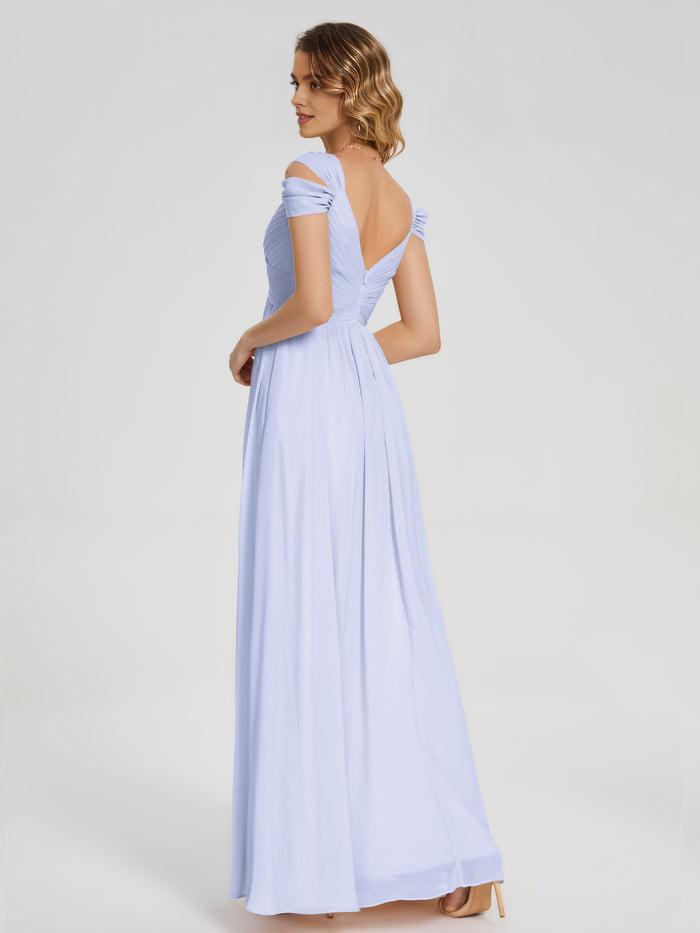 Pretty Empire V Neck Short Sleeves Pleated Chiffon Floor Length Bridesmaid Dress