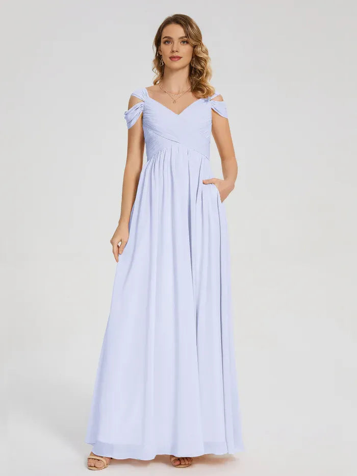 Pretty Empire V Neck Short Sleeves Pleated Chiffon Floor Length Bridesmaid Dress