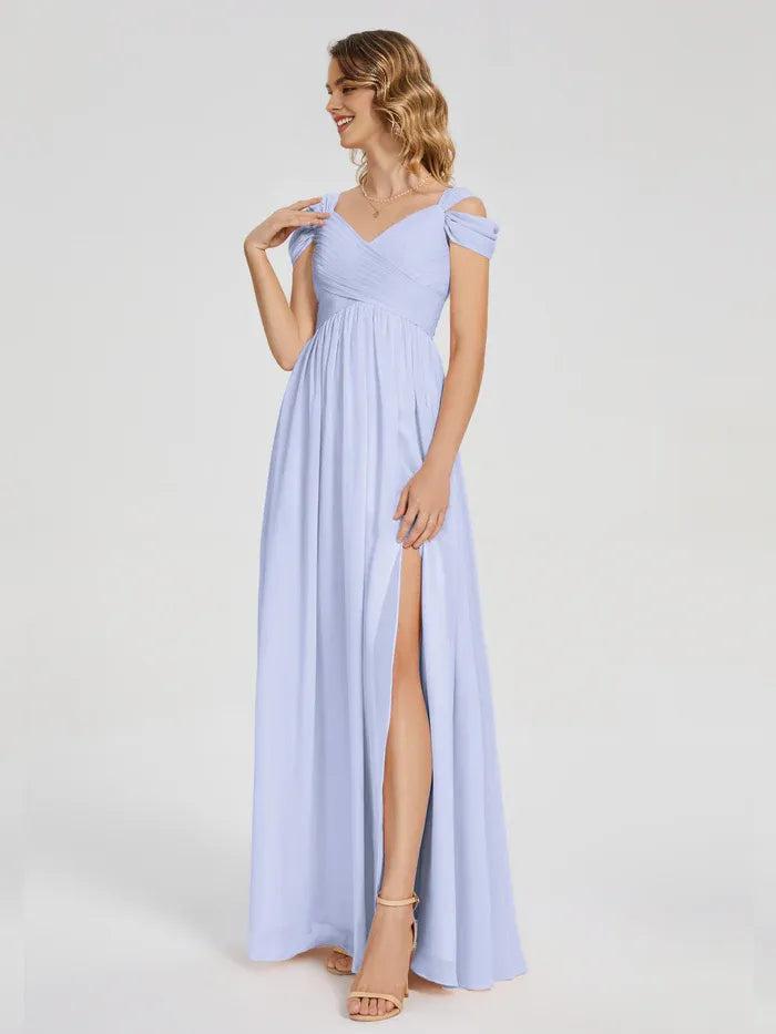 Pretty Empire V Neck Short Sleeves Pleated Chiffon Floor Length Bridesmaid Dress