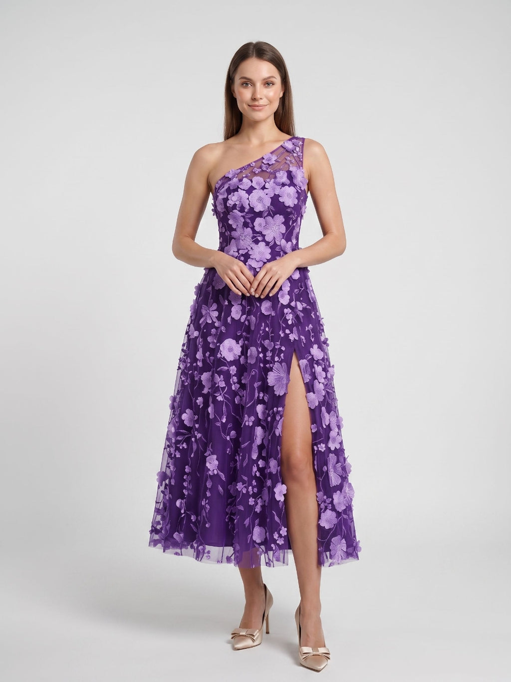 Sky Blue with Pastel Flowers Mesh Tulle A-Line One Shoulder Midi Dress