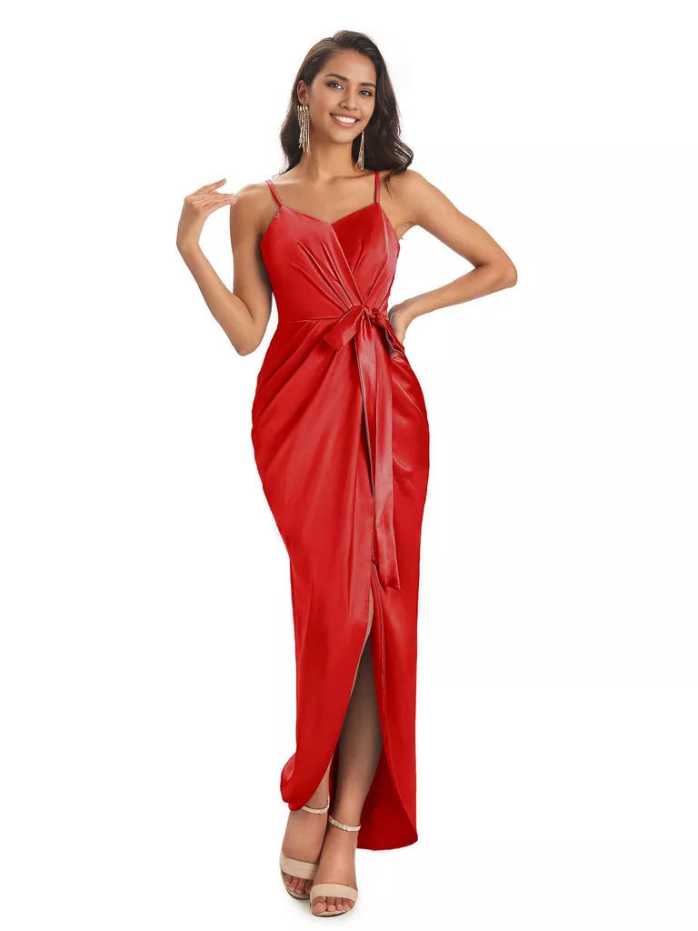 High Low Spaghetti Straps V-neck Mermaid Asymmetrical Soft Satin Bridesmaid Dresses