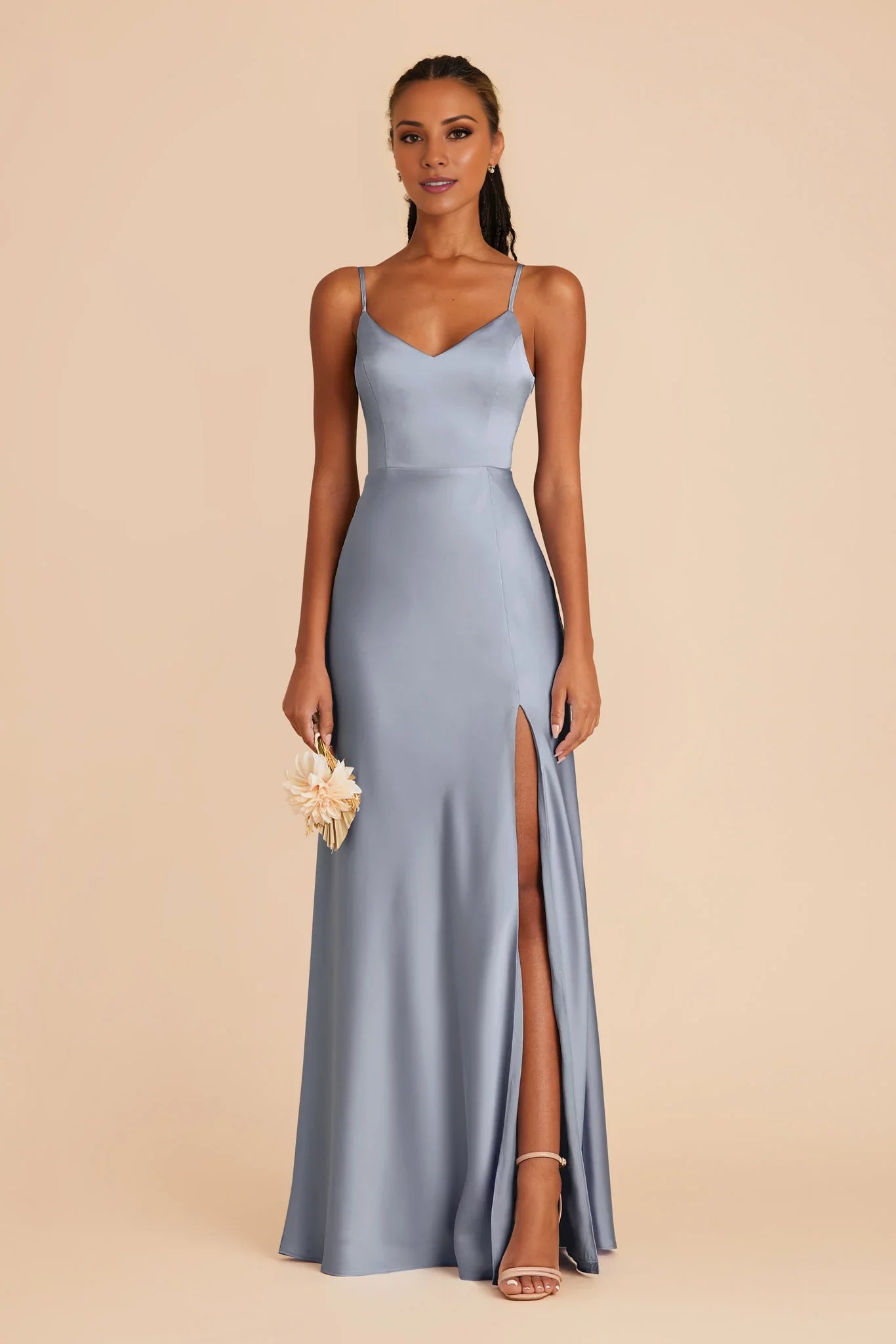 Refined Dusty Blue Satin Deep V-Neck Spaghetti-Strap Maxi Bridesmaid Dress with High Side Slit