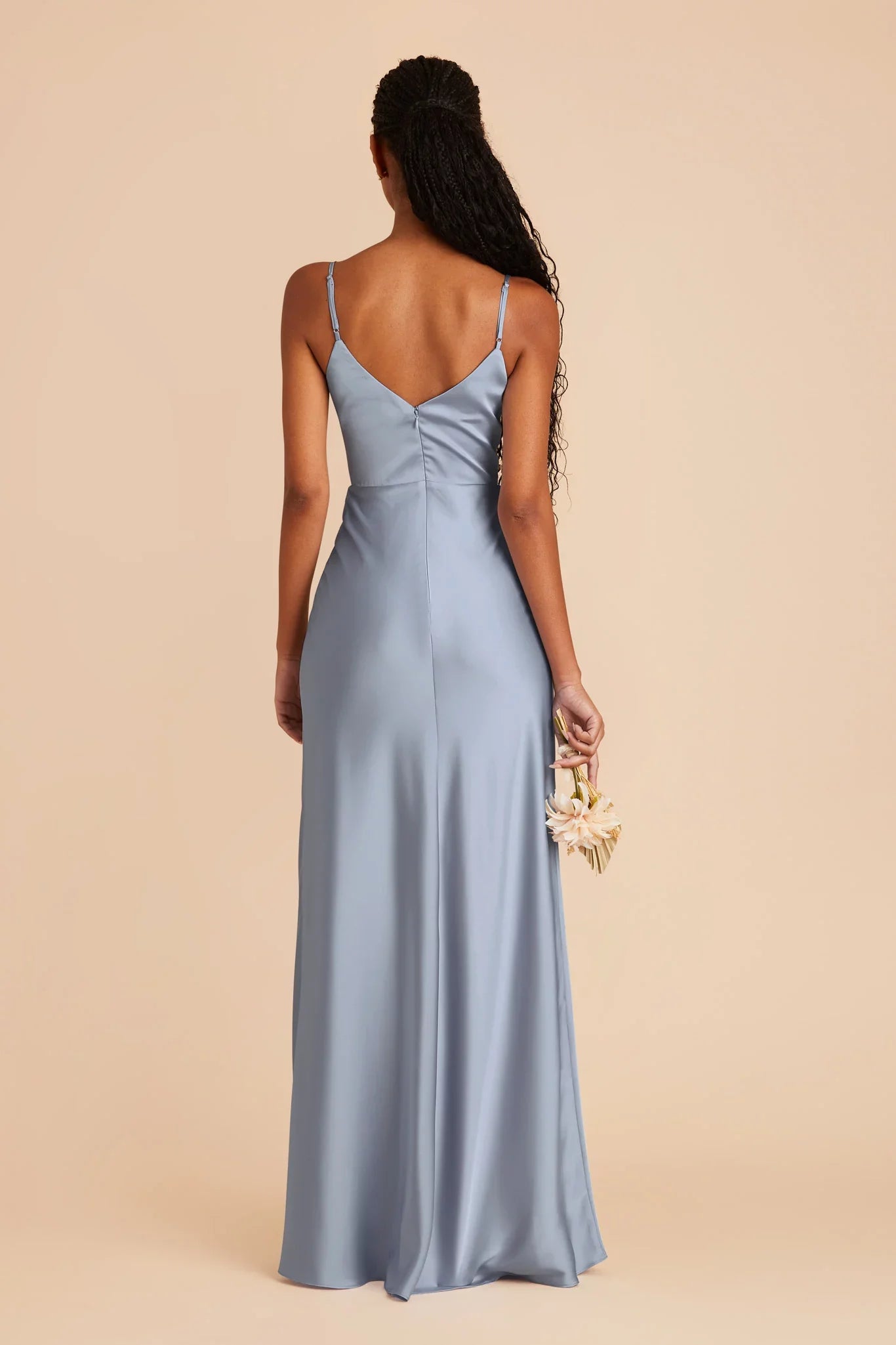 Refined Dusty Blue Satin Deep V-Neck Spaghetti-Strap Maxi Bridesmaid Dress with High Side Slit