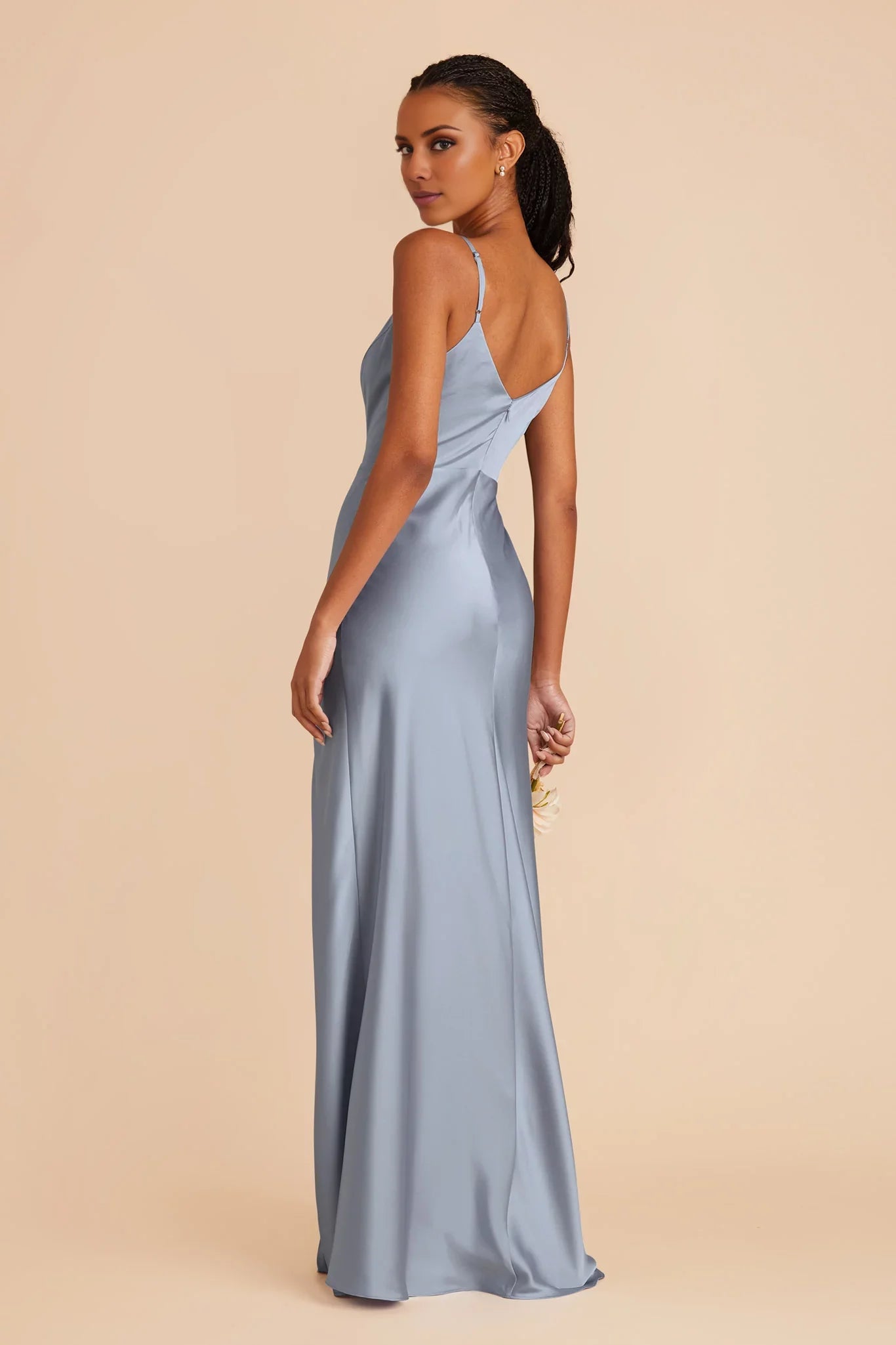 Refined Dusty Blue Satin Deep V-Neck Spaghetti-Strap Maxi Bridesmaid Dress with High Side Slit