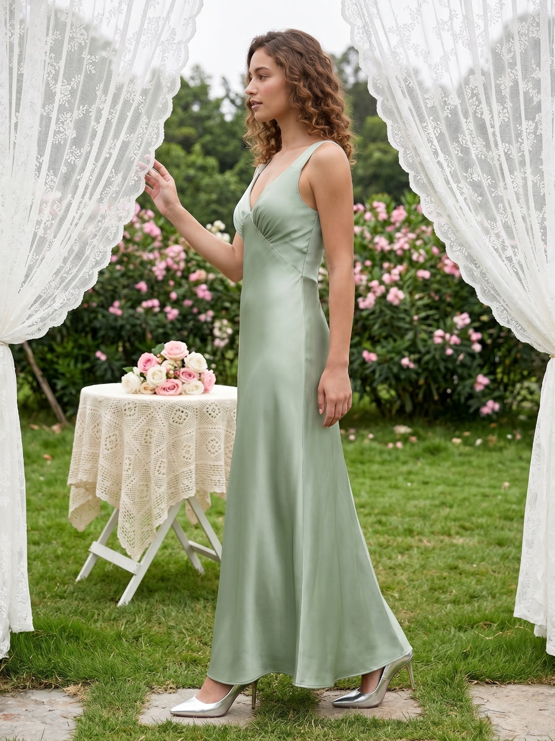 Refined Dusty Sage Satin column V-Neck Backless Ankle-Length  Bridesmaid Dress