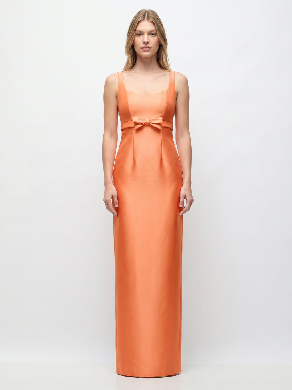 Refined Orange Satin Sheath Square Neck Backless Floor-Length Bridesmaid Dress with Bow