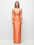 Refined Orange Satin Sheath Square Neck Backless Floor-Length Bridesmaid Dress with Bow