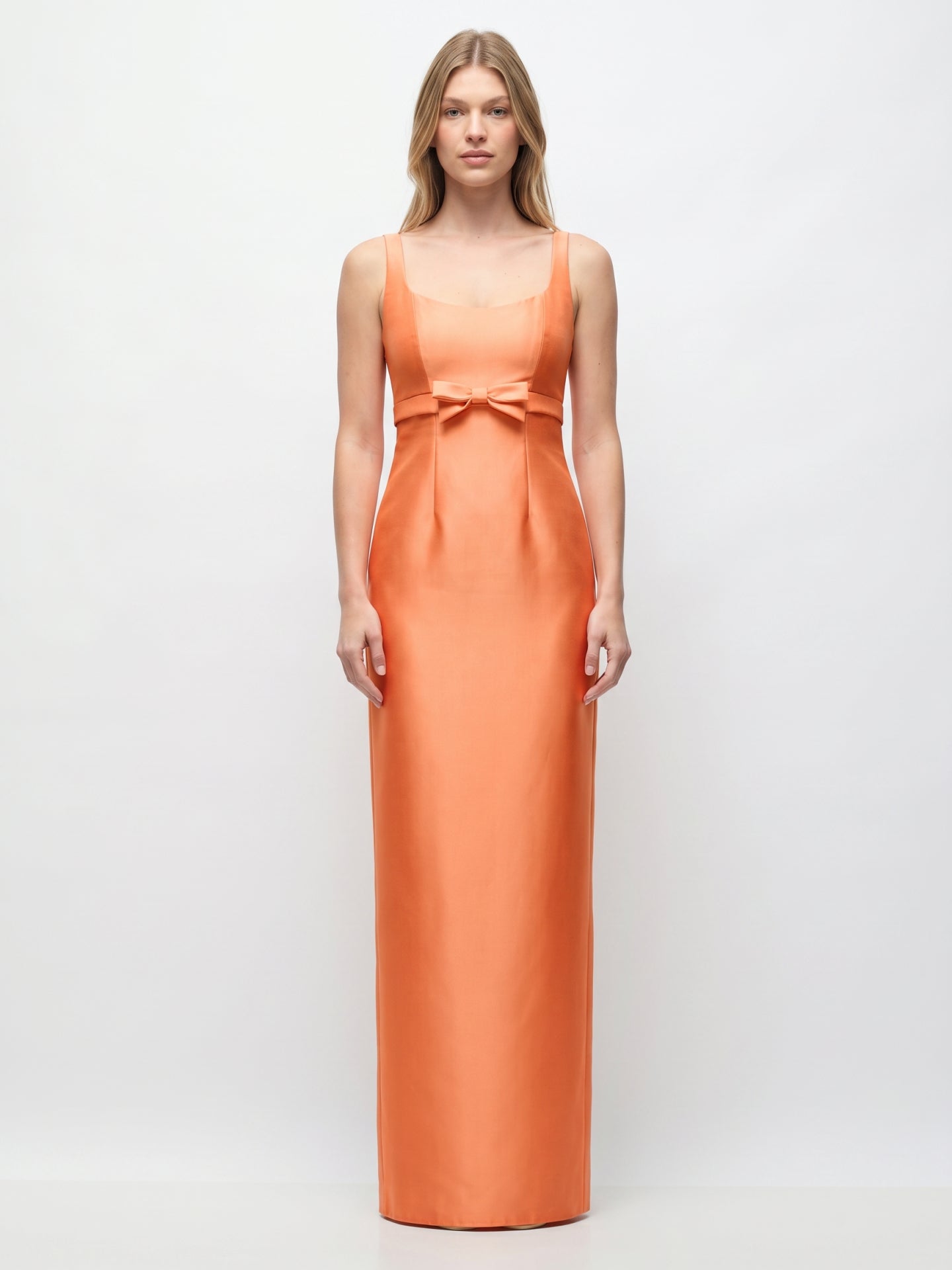 Refined Orange Satin Sheath Square Neck Backless Floor-Length Bridesmaid Dress with Bow